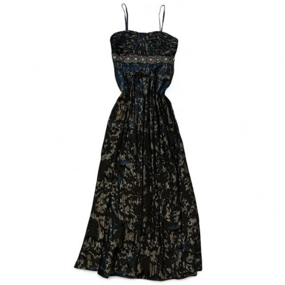 Y2K Silk Metallic burnout Black Gold beaded waist spaghetti‎ strap maxi gown 2